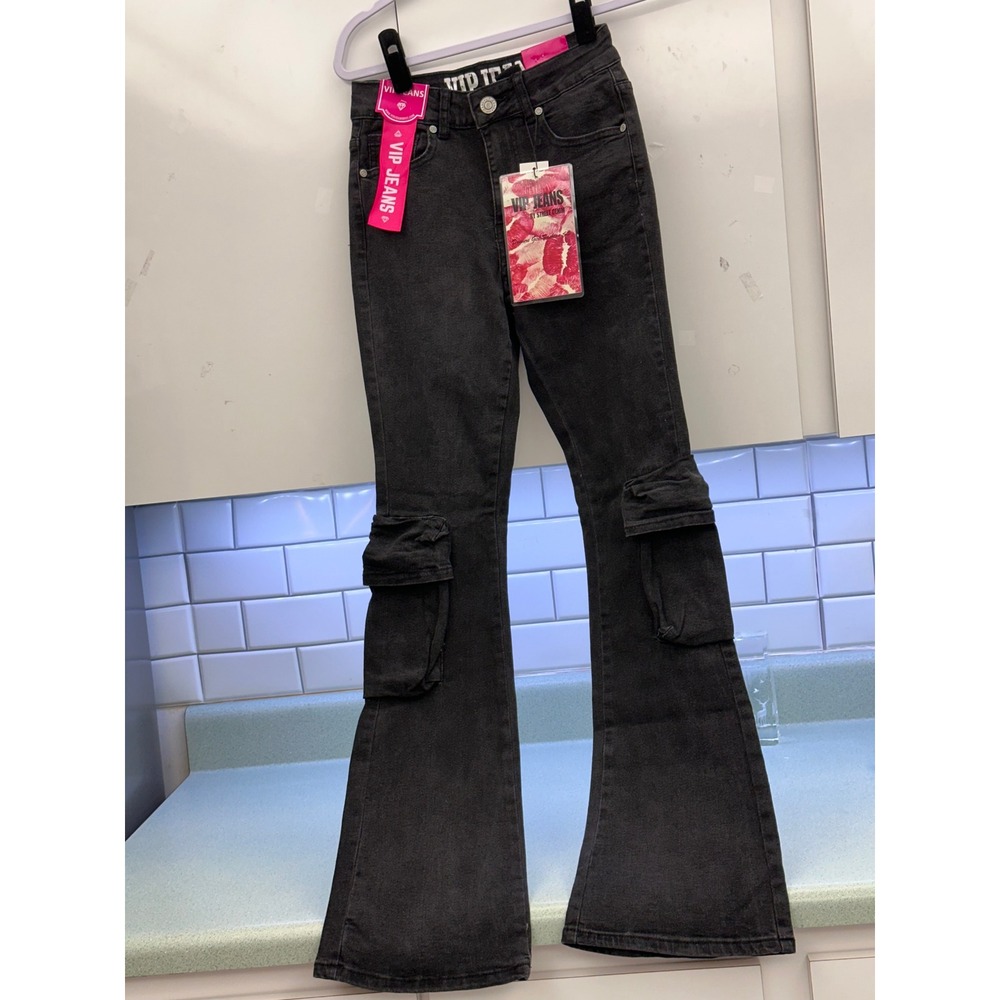 VIP Jeans Womens Black Cargo Flare Denim Sculpting Stretch Sz 5/27 1-61414BK-10F